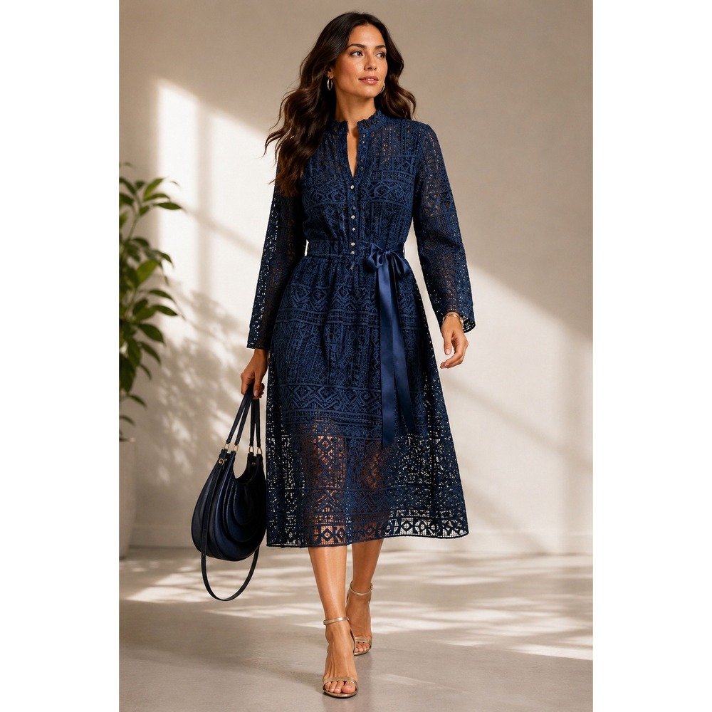 Self-Portrait Lace Dress Women's Size 2  Black Geometric Ribbon Waist